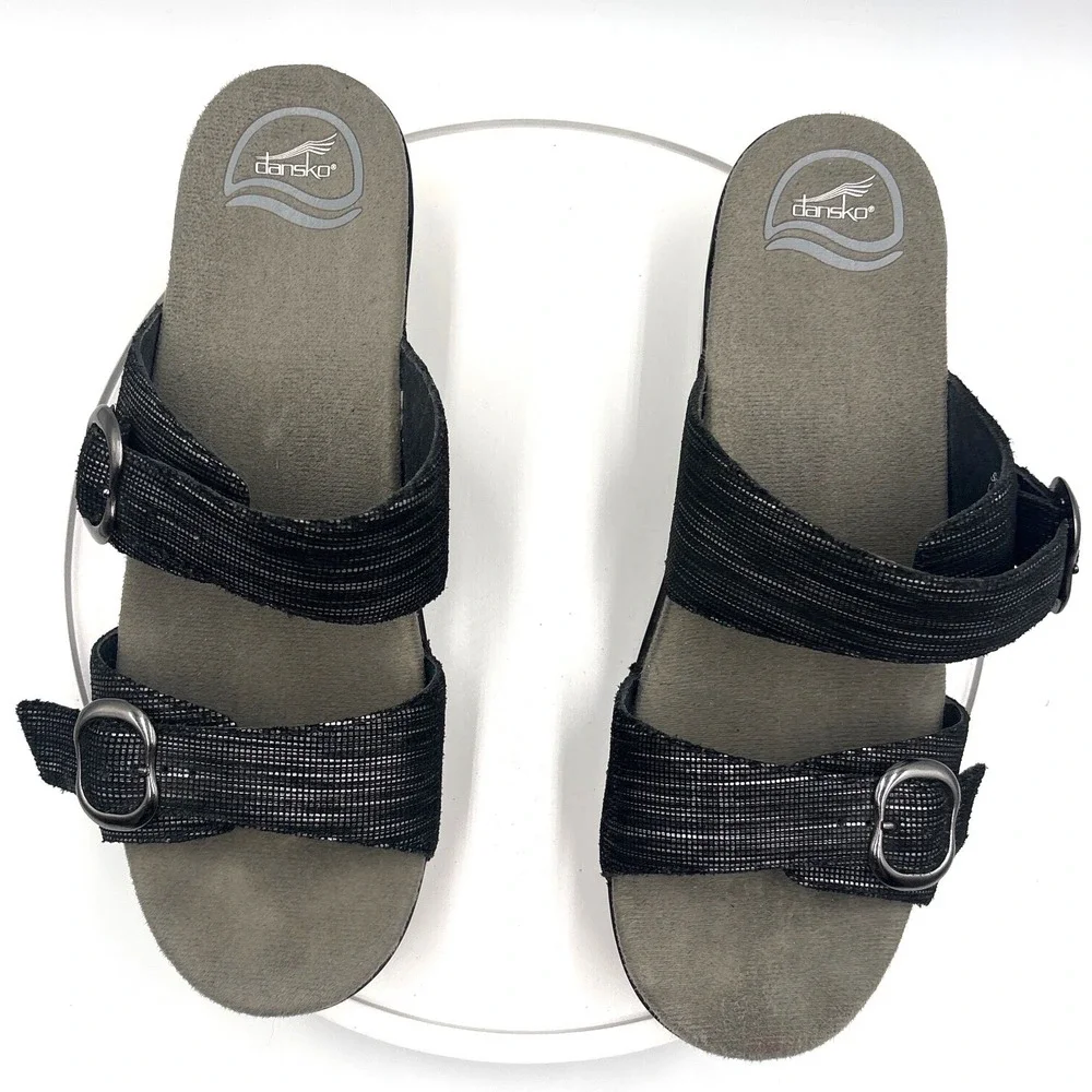Dansko Black Metallic Striped Leather Wedge Slide Sandals 9841020200 Womens 40